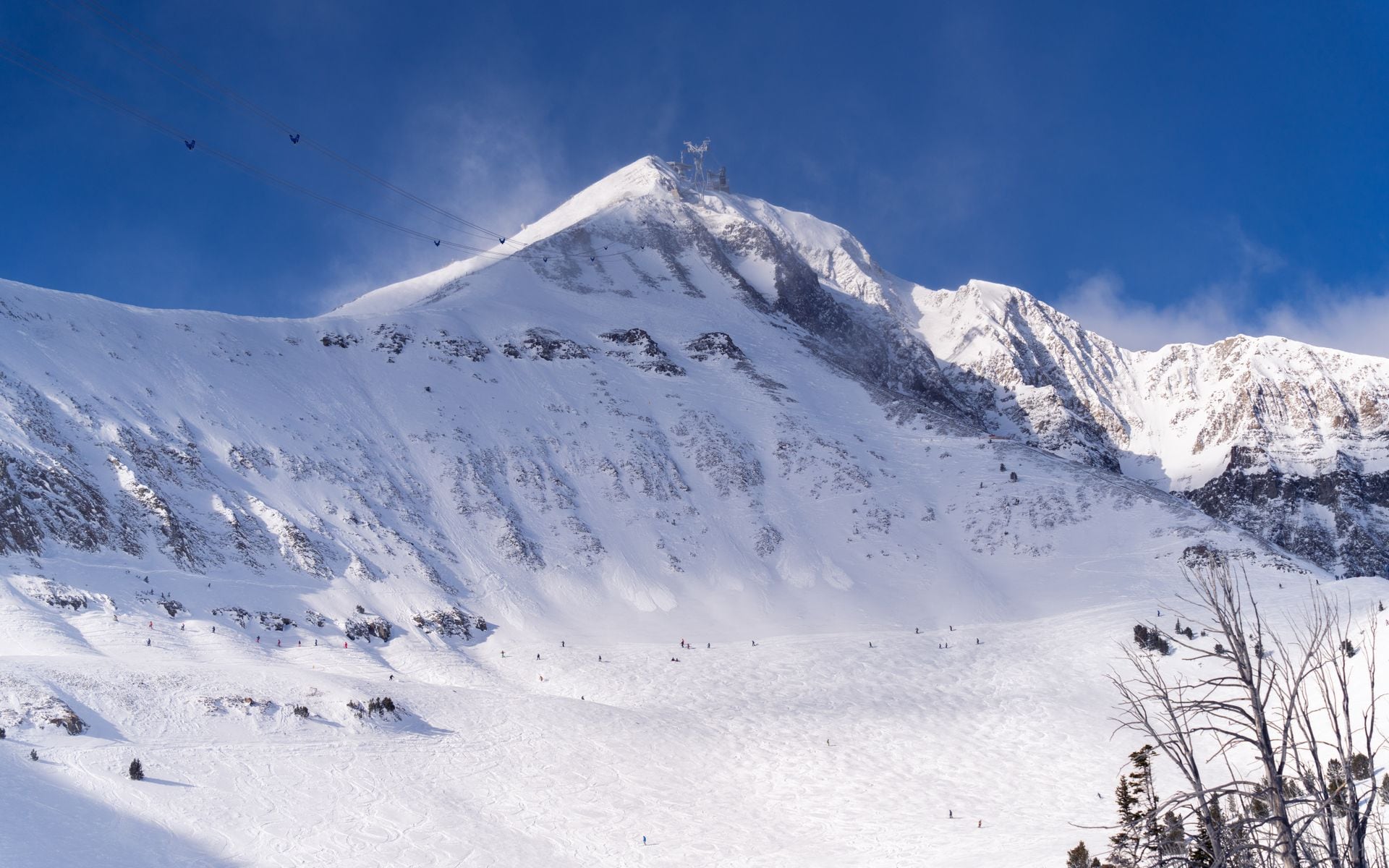 Snowy slopes and peaks at a Montana mountain ski resort in winter